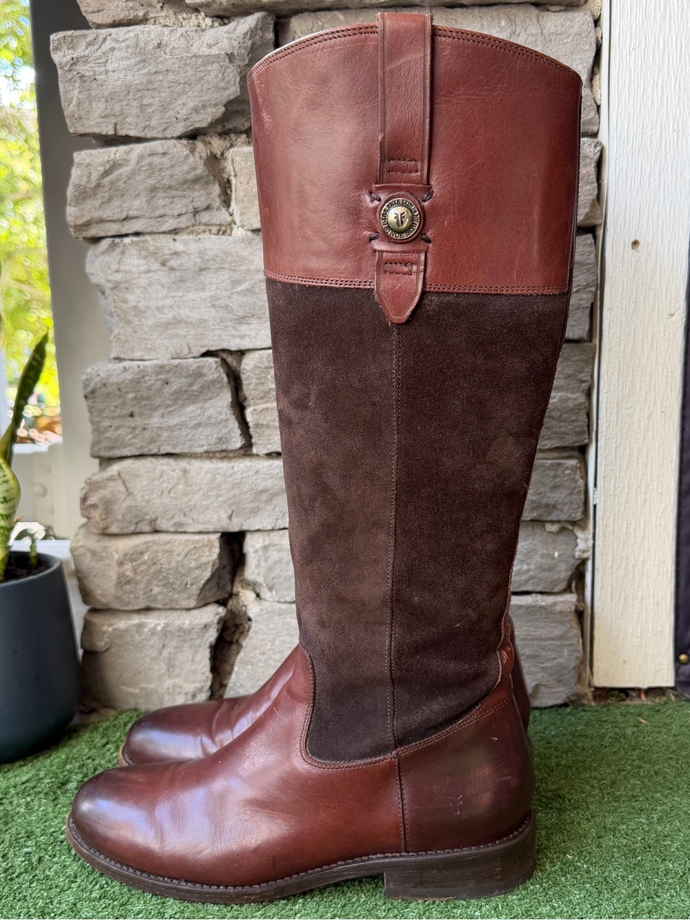 Frye Jayden Button Brown Tall Leather Women’s Riding Boots